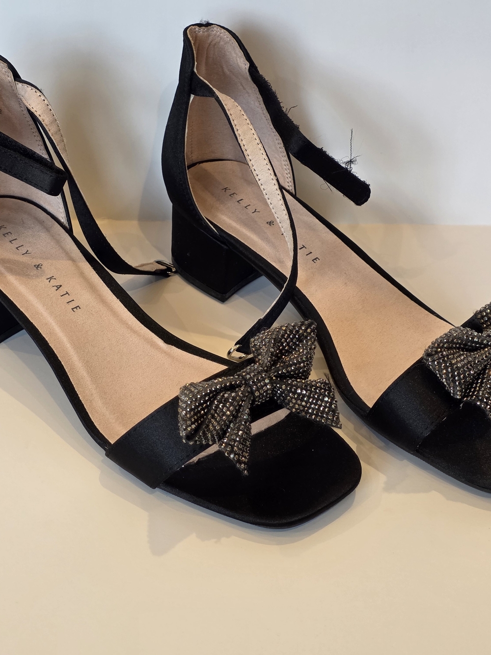 Girl's Kelly & Katie Black Ankle-Strap Block Heel Sandals with Embellished Bow